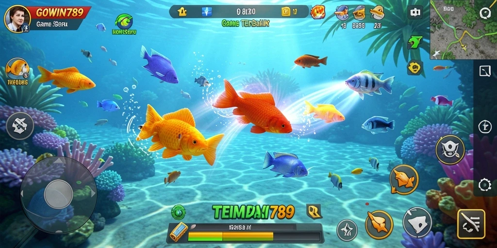 Tampilan gameplay GOWIN789 dengan aksi menangkap ikan.